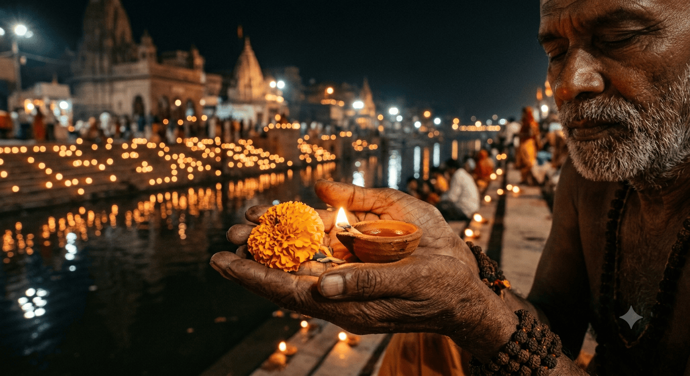 A realistic, warm-toned close-up shot focusing on a devotee's hands. The hands are extended, cupped together in a gesture of offering (anjali mudra).