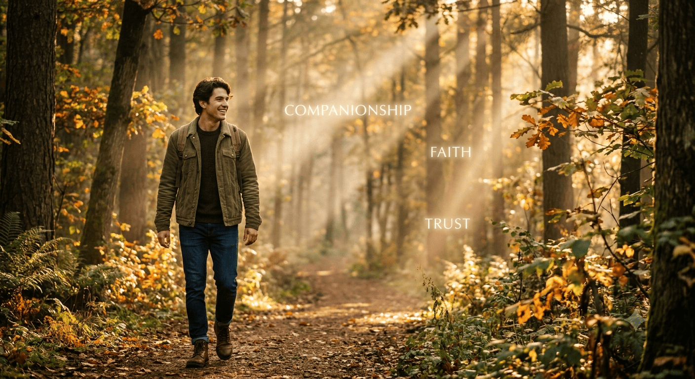 A heartwarming, atmospheric photograph of a young man walking along a scenic, sun-dappled forest trail during late afternoon. The golden sunlight filters softly through the canopy, illuminating misty sunbeams around him. He is smiling warmly and looking slightly to his side, engaged in a joyful, spontaneous conversation with an unseen presence, capturing a sense of deep companionship and quiet comfort. The scene evokes intimacy, warmth, and inner peace. Blended subtly into the ethereal mist and light rays in the background are delicate, glowing text elements reading: "COMPANIONSHIP", "FAITH", and "TRUST". Shot on a 85mm f/1.4 lens, shallow depth of field, natural color palette, cinematic lighting, ultra-high resolution.