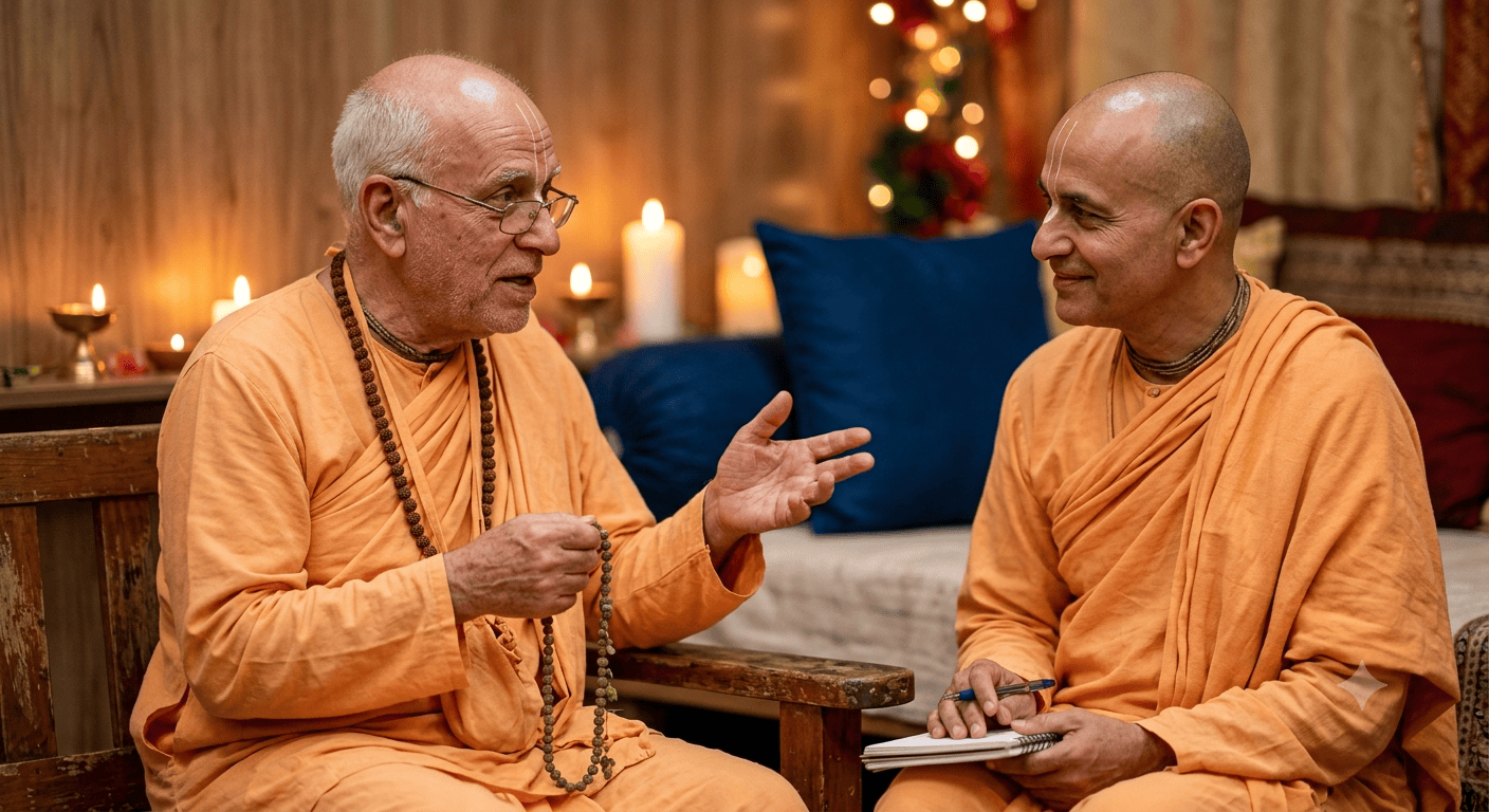 Navigating Compassion and Consequences: Addressing Non-Participation in Community Editorial photography, candid shot of a senior hare krishna devotee having a private chat with another devotee discussing the importance of participation in seva activities. In the background, soft bokeh of warm candlelight and a deep yale blue cushion in hex #00356B. Shot on Sony A1 with 85mm f/1.4 lens, shallow depth of field, soft natural ambient tungsten glow, hyper-realistic skin texture, subtle wood grain detail, authentic motion warmth, shot in 8k RAW photo style, no rendering, genuine photograph.