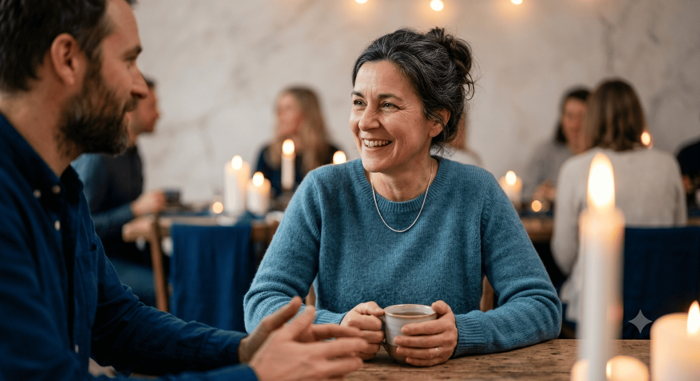 Holistic Wellness Through Bhakti Yoga: Healing Body, Mind, and Spirit A candid, low-light photograph of a smiling middle-aged woman with salt-and-pepper hair, wearing a teal-blue knit sweater and a silver chain necklace, sitting at a rustic wooden table and looking at a man across from her (out of frame) while holding a mug. The background is a soft, warm bokeh of candlelight and out-of-focus deep Yale blue accents and marble texture in a community gathering or dining setting.