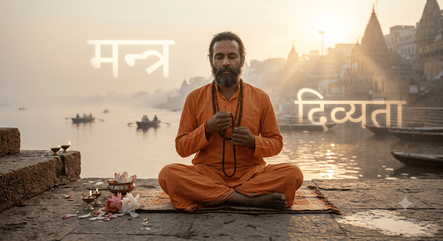 चरण नाम का जप: दिव्यता प्राप्त करने के लिए मंत्रों का महत्व A deeply spiritual, cinematic photograph of a devoted Indian seeker sitting in a peaceful meditative pose (Padmasana) at the break of dawn on a serene stone ghat beside a calm, mist-covered river. The individual's eyes are gently closed in deep devotion, with their hands holding a wooden Japa mala (prayer beads) near the heart, fully absorbed in chanting mantras. Soft, warm golden sunlight breaks through the morning mist, casting a divine, ethereal glow over the scene. Nearby, soft brass diyas (oil lamps) are lit, and fresh pink lotus flowers rest on the ground, symbolizing purity and the divine feet (Charan). Subtly and elegantly blended into the glowing morning mist in the background is the Devanagari text "मंत्र" (Mantra) and "दिव्यता" (Divinity). The atmosphere evokes supreme peace, sacredness, and spiritual awakening. Shot on a 50mm lens, photorealistic, soft volumetric lighting, 8k resolution.