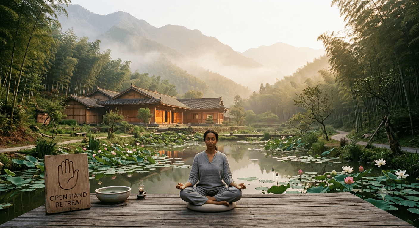 Discover Free Buddhist Retreats: Find Inner Peace Without Spending Anything A serene, wide-angle photograph of a peaceful Buddhist retreat setting nestled in a tranquil, misty mountain valley during early morning. In the foreground, a diverse practitioner dressed in simple, comfortable clothing sits in a silent, relaxed meditation pose on a wooden deck overlooking a calm lotus pond. Nearby sits a modest wooden sign with an open-hand symbol representing hospitality and generosity. In the middle ground, a traditional, unadorned monastery or meditation hall with warm wooden architecture blends harmoniously into the surrounding bamboo forest and rolling hills. Soft golden sunlight breaks through the morning mist, illuminating the scene with a sense of pure simplicity, openness, and unburdened peace. Shot on a 35mm lens, warm natural tones, cinematic lighting, ultra-high resolution.