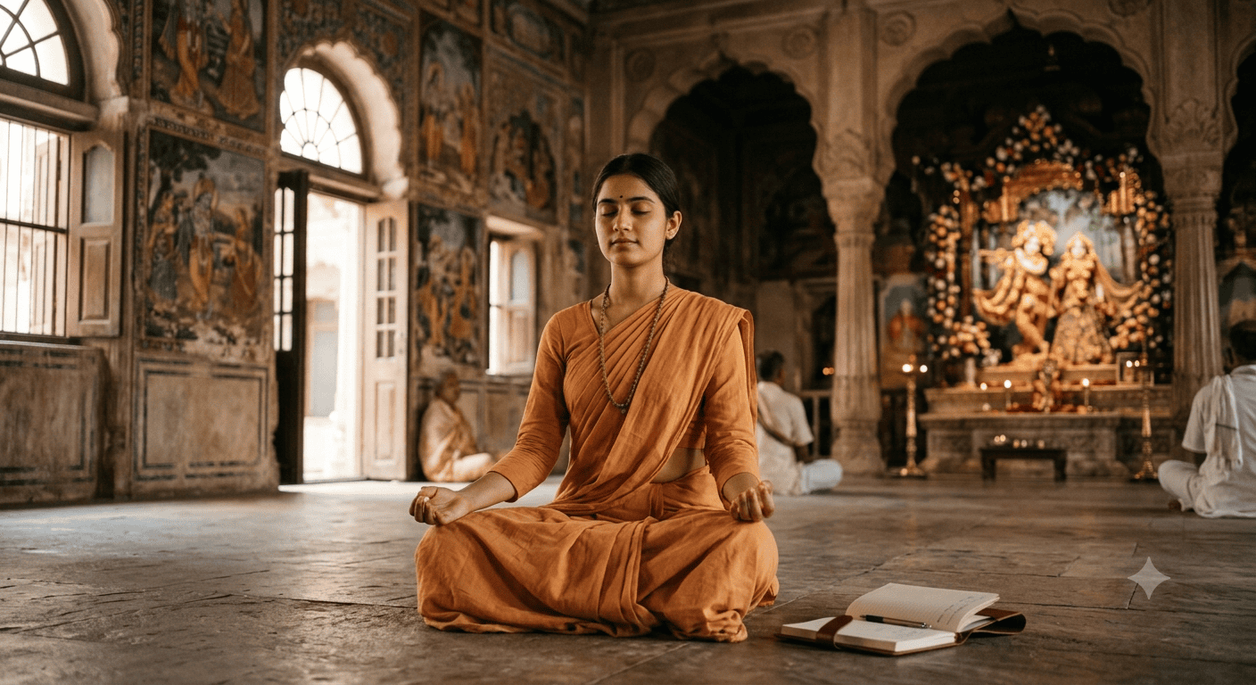 A powerful, evocative photograph of a youthful young woman (18 - 20 years old) with a serene expression, sitting in a meditative pose inside an ISKCON temple in Vrindavan. Her eyes are softly closed, hands resting on her knees with a subtle mudra, and a journal with a pen lies nearby. The lighting is ethereal, creating soft glows and a palpable sense of peace, resilience, and connection to a larger whole. The whole scene is spiritually peaceful. Shot with a Canon EOS R5, natural, cinematic, and high resolution.