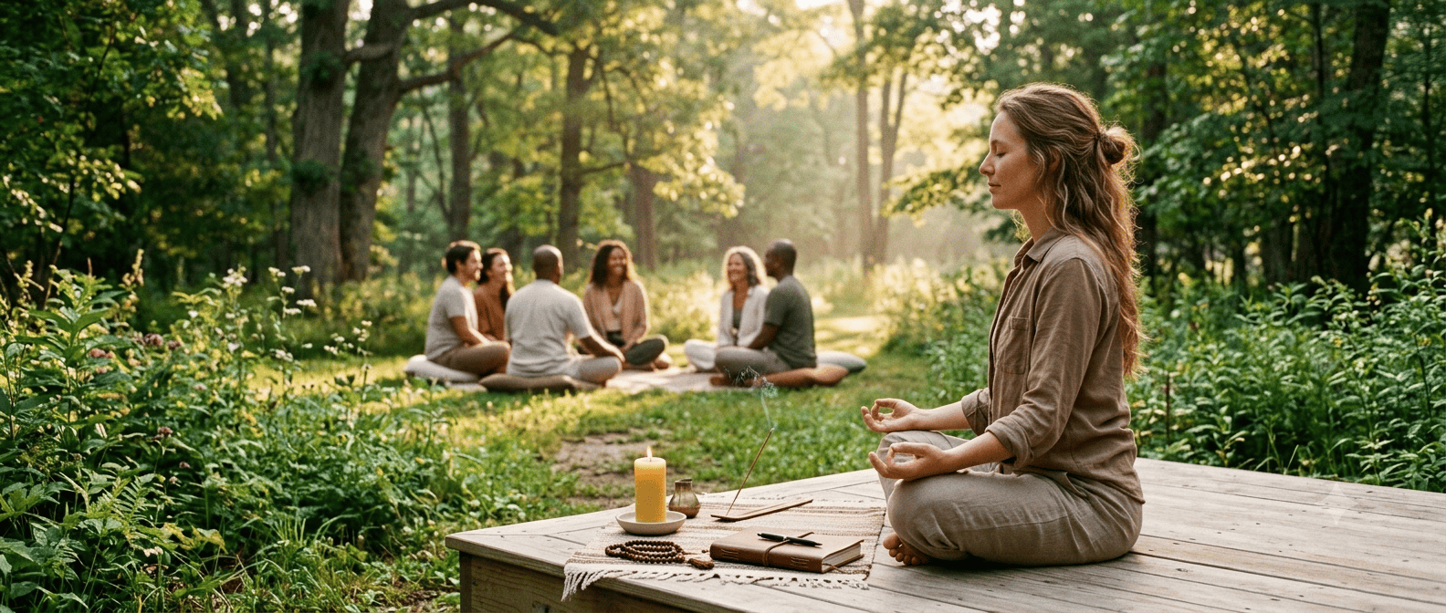 A serene, widescreen photograph depicting a peaceful morning spiritual routine set outdoors in nature. In the foreground, an individual sits in a tranquil, cross-legged meditation pose on a clean wooden platform surrounded by lush greenery, vibrant flora, and soft sunlight filtering through tall trees. On the platform next to them sits a small, neatly arranged sacred altar featuring a gently burning candle, a mala (prayer beads), a journal open with a pen, and a subtle glowing incense stick. In the soft-focus middle background, a small group of like-minded people can be seen gathered together in a peaceful, communal circle (satsang), sharing a warm moment of connection under the golden-hour light. The atmosphere evokes a profound sense of inner peace, divine connection, and mindful purpose. Shot on a 35mm cinematic lens, natural soft lighting, warm earth tones, ultra-high resolution.