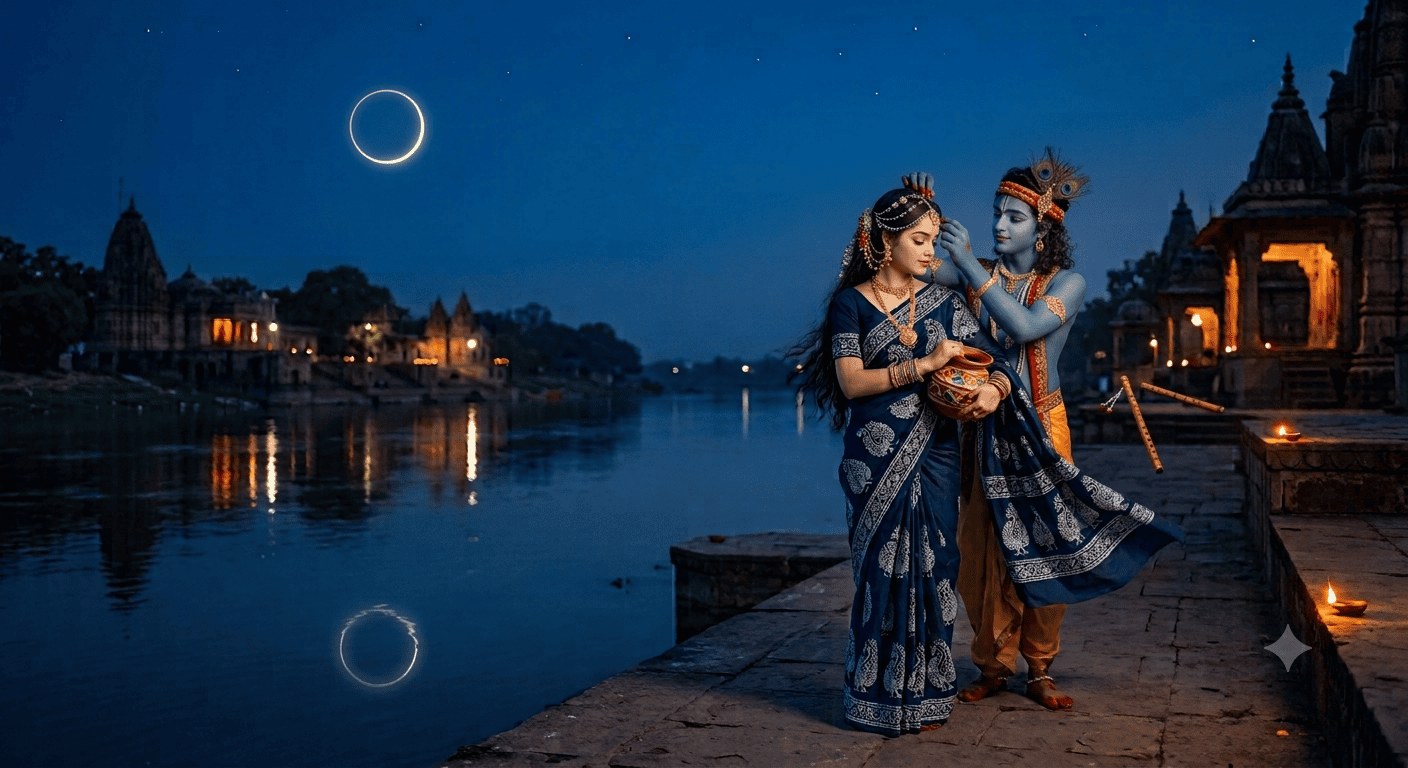 स्वयं को प्रस्तुत करना: एक पूर्ण मार्गदर्शिका A photorealistic and cinematic photograph of Radha and Krishna on a traditional stone ghat by the Yamuna River at night in Vrindavan, India.