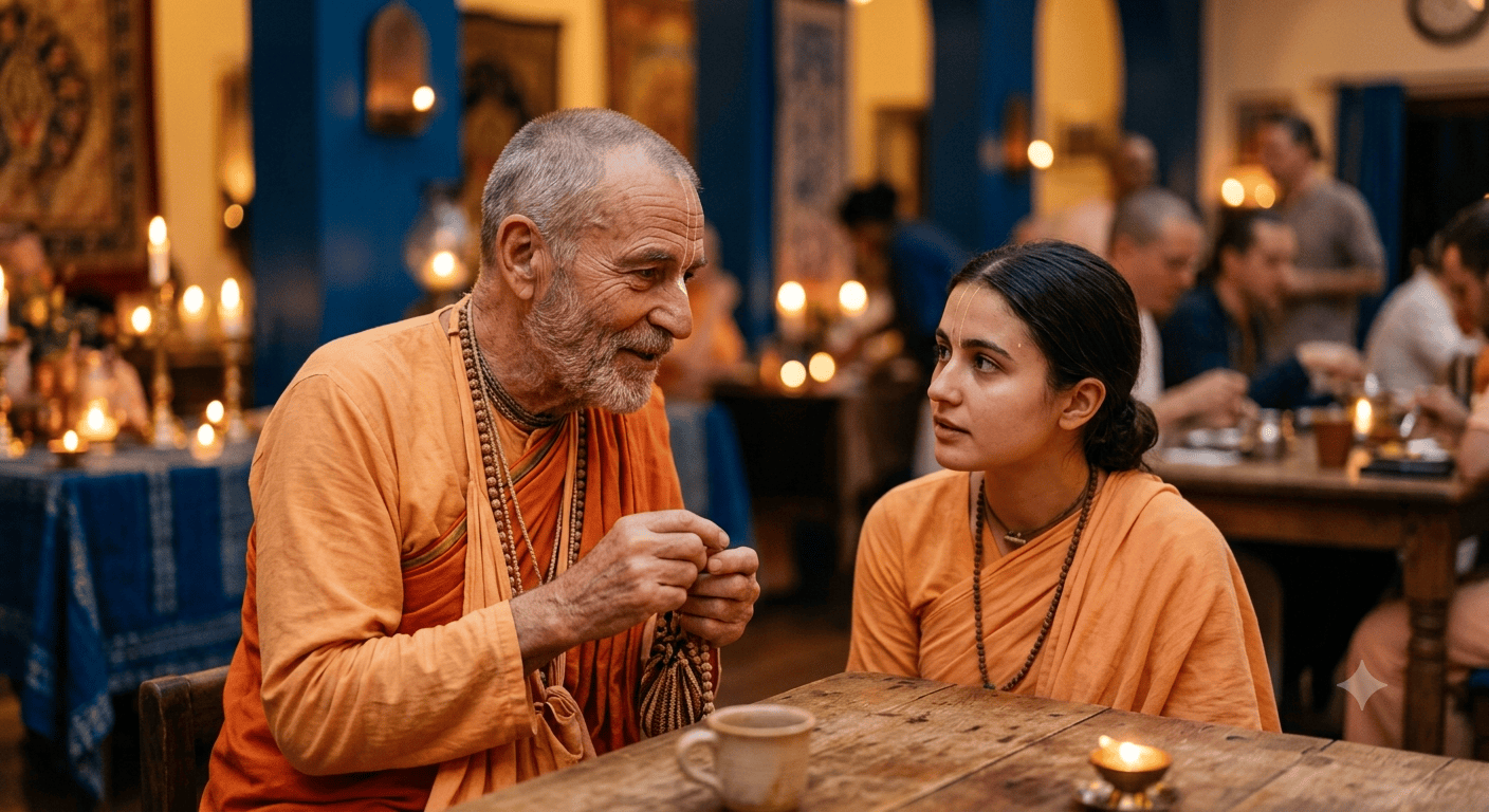 Supporting Fair Contributions: Spiritual Leaders' Role senior devotee educating a newer devotee