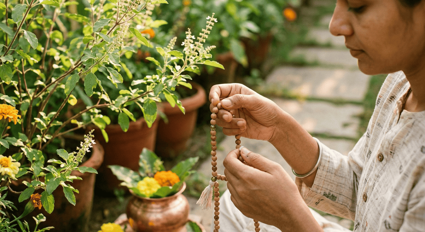तुलसी माला: भक्ति में जप और आध hare krishna devotee chanting on a tulsi mala japa with tulsi plants in the background.