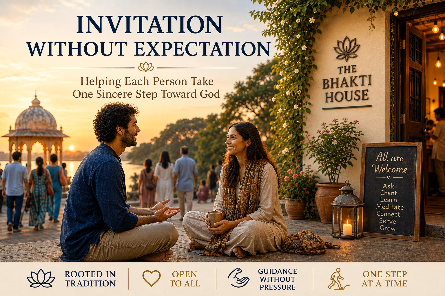 Invitation Without Expectation: Helping Each Person Take One Sincere Step Toward God Invitation Without Expectation at The Bhakti House featuring two people in conversation outside a welcoming bhakti center at sunset, symbolizing helping each person take one sincere step toward God.