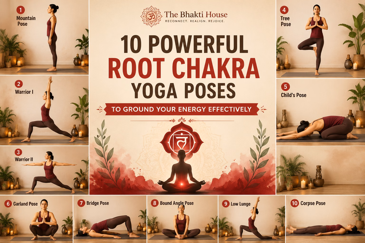 Illustrated guide to 10 powerful root chakra yoga poses including Mountain Pose, Warrior I, Warrior II, Tree Pose, Child's Pose, Bound Angle Pose, Cobbler's Pose, Seated Forward Bend, Bridge Pose, and Corpse Pose for grounding energy and spiritual balance.