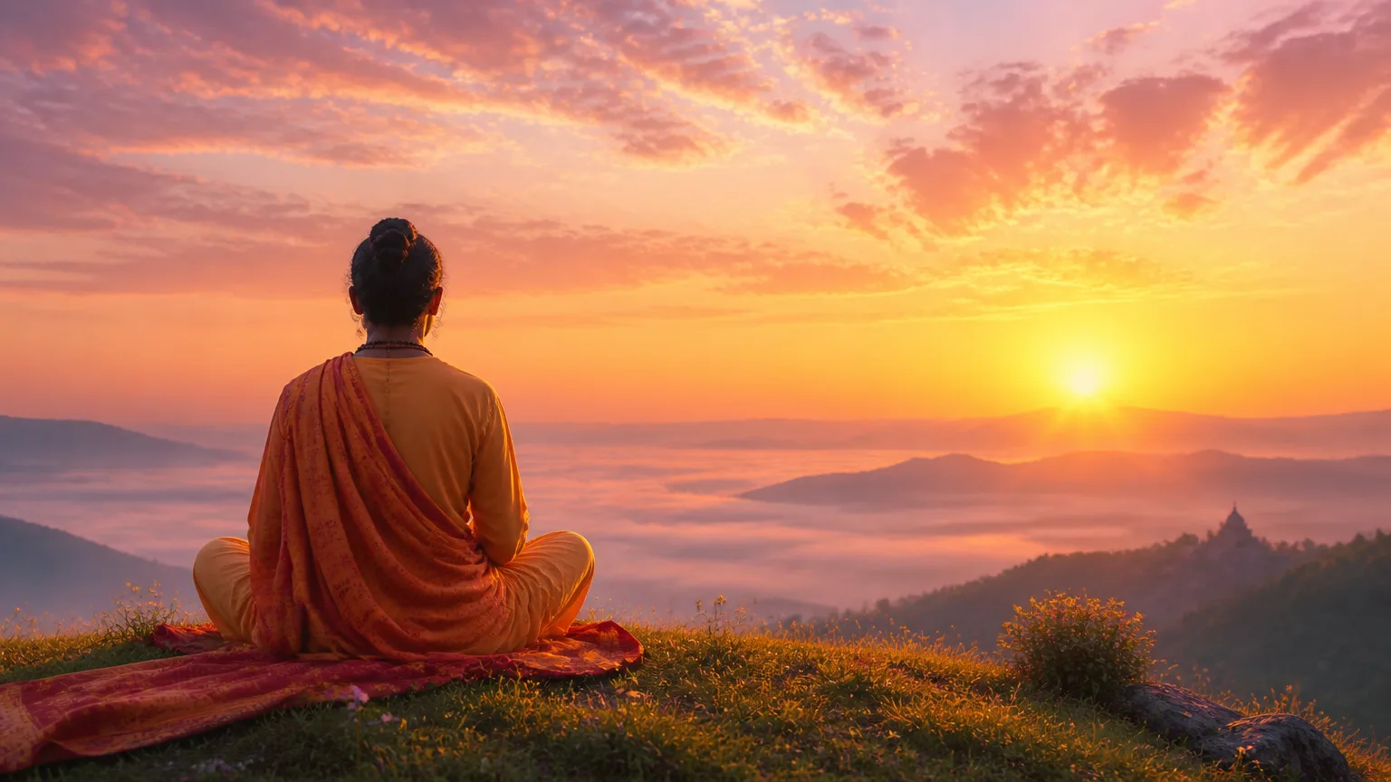 Sadhu meditating on a hill overlooking sunset performing archana.