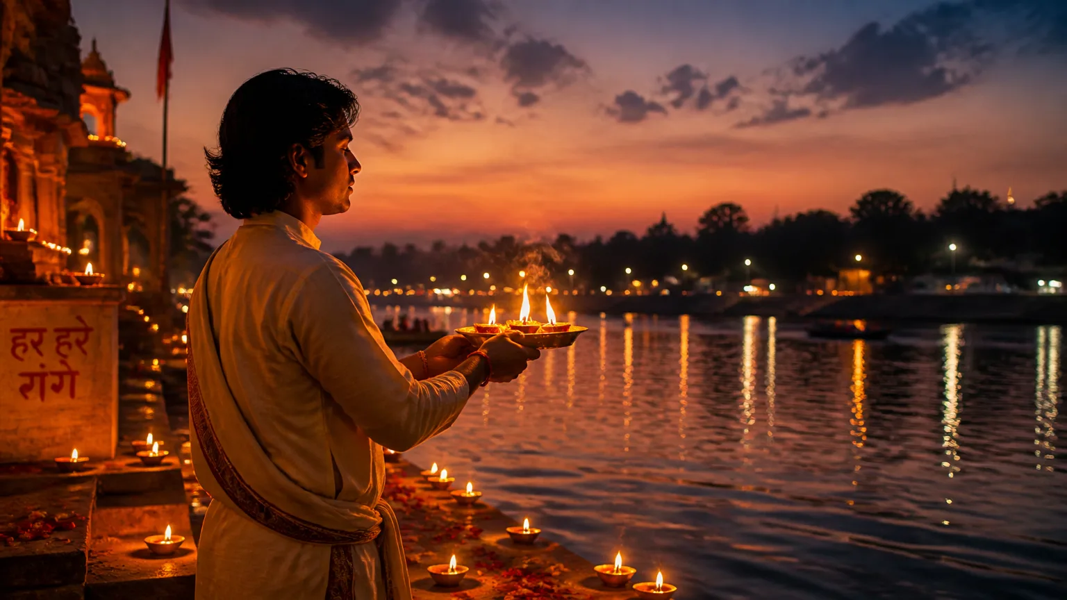 अर्चना की शक्ति: भक्ति योग में आरती के महत्व और लाभ An arati tray being offered to Ganga Devi.