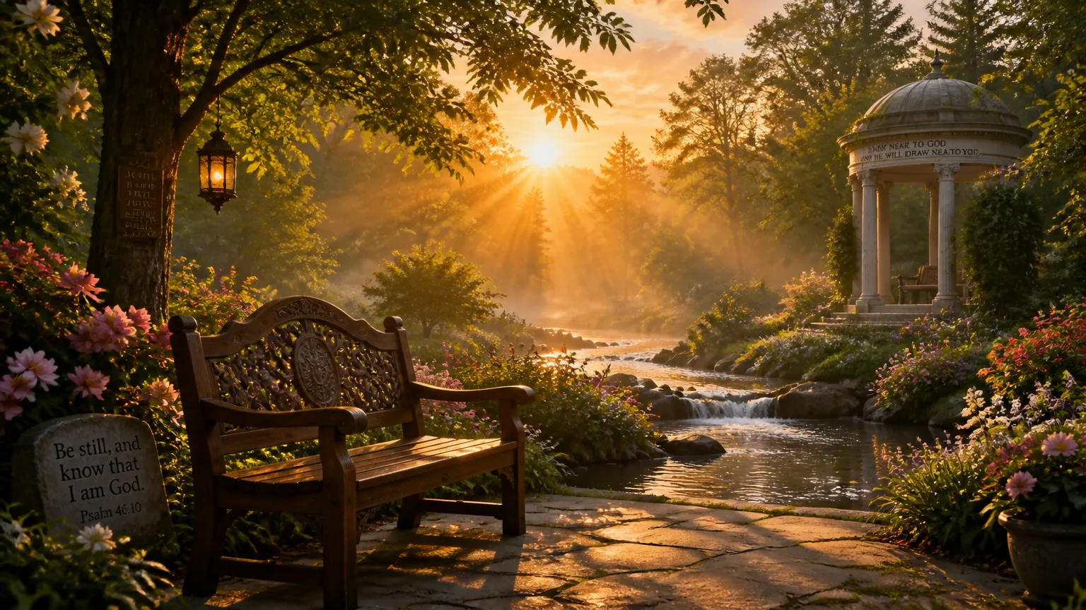 A peaceful scene with an empty bench, beautiful sunset, and river.