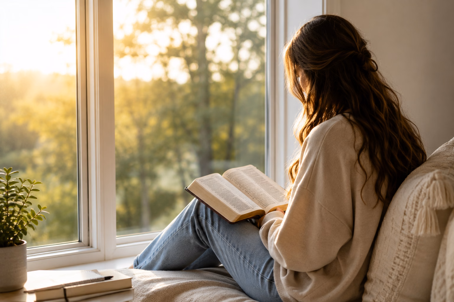 Young woman reading Bible verses while looking out a window at a peaceful scene.