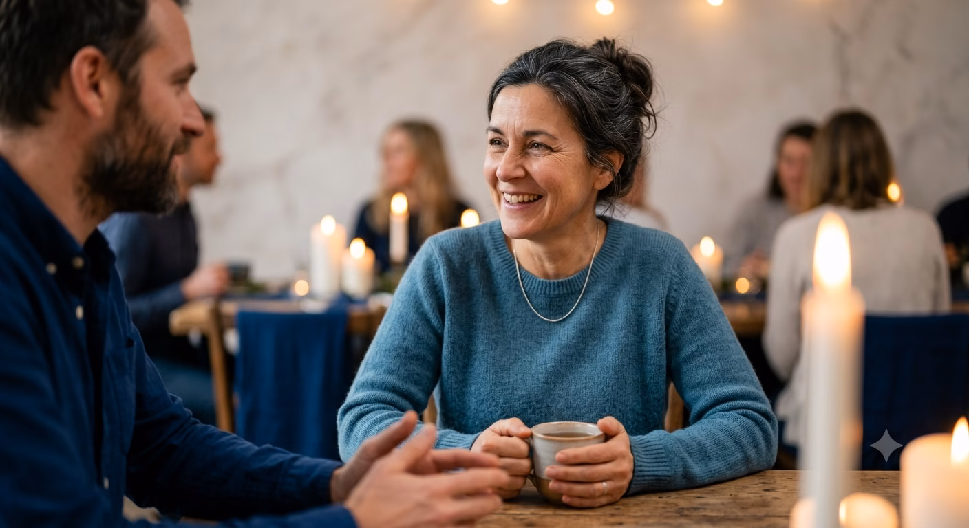 A candid, low-light photograph of a smiling middle-aged woman with salt-and-pepper hair, wearing a teal-blue knit sweater and a silver chain necklace, sitting at a rustic wooden table and looking at a man across from her (out of frame) while holding a mug. The background is a soft, warm bokeh of candlelight and out-of-focus deep Yale blue accents and marble texture in a community gathering or dining setting.
