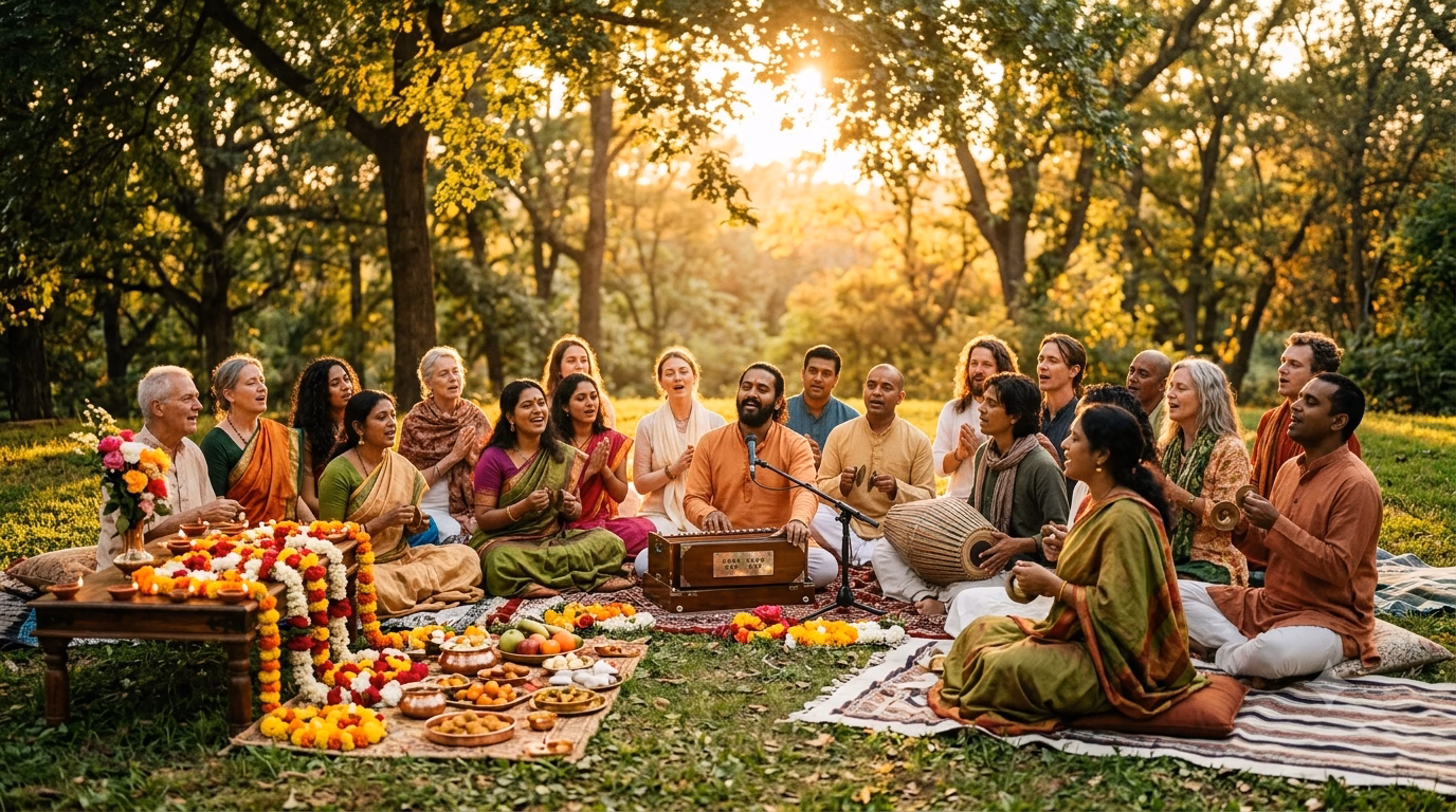 Kirtan group playing in the park on a sunny day.
