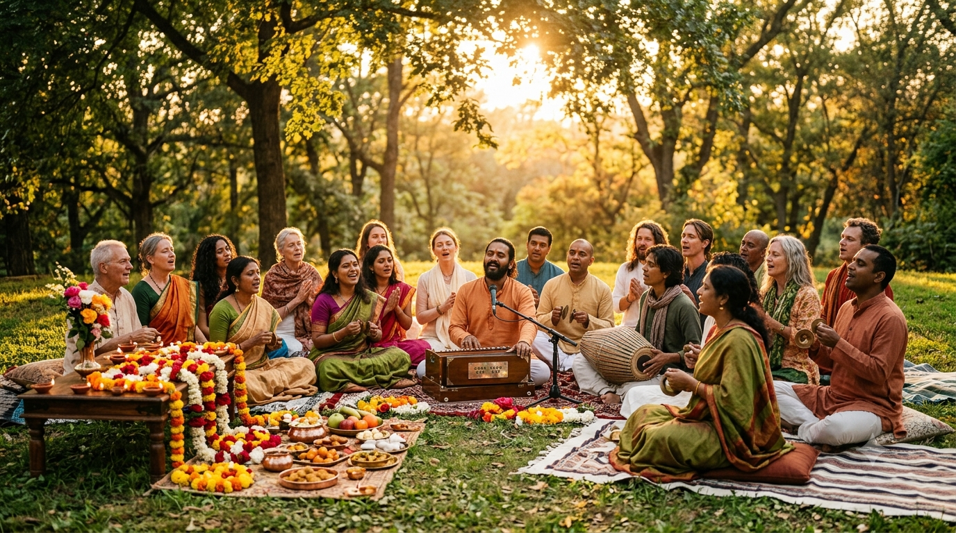 Discover Mind Motion Wellness: Transformative Benefits for Your Soul Kirtan group playing in the park on a sunny day.