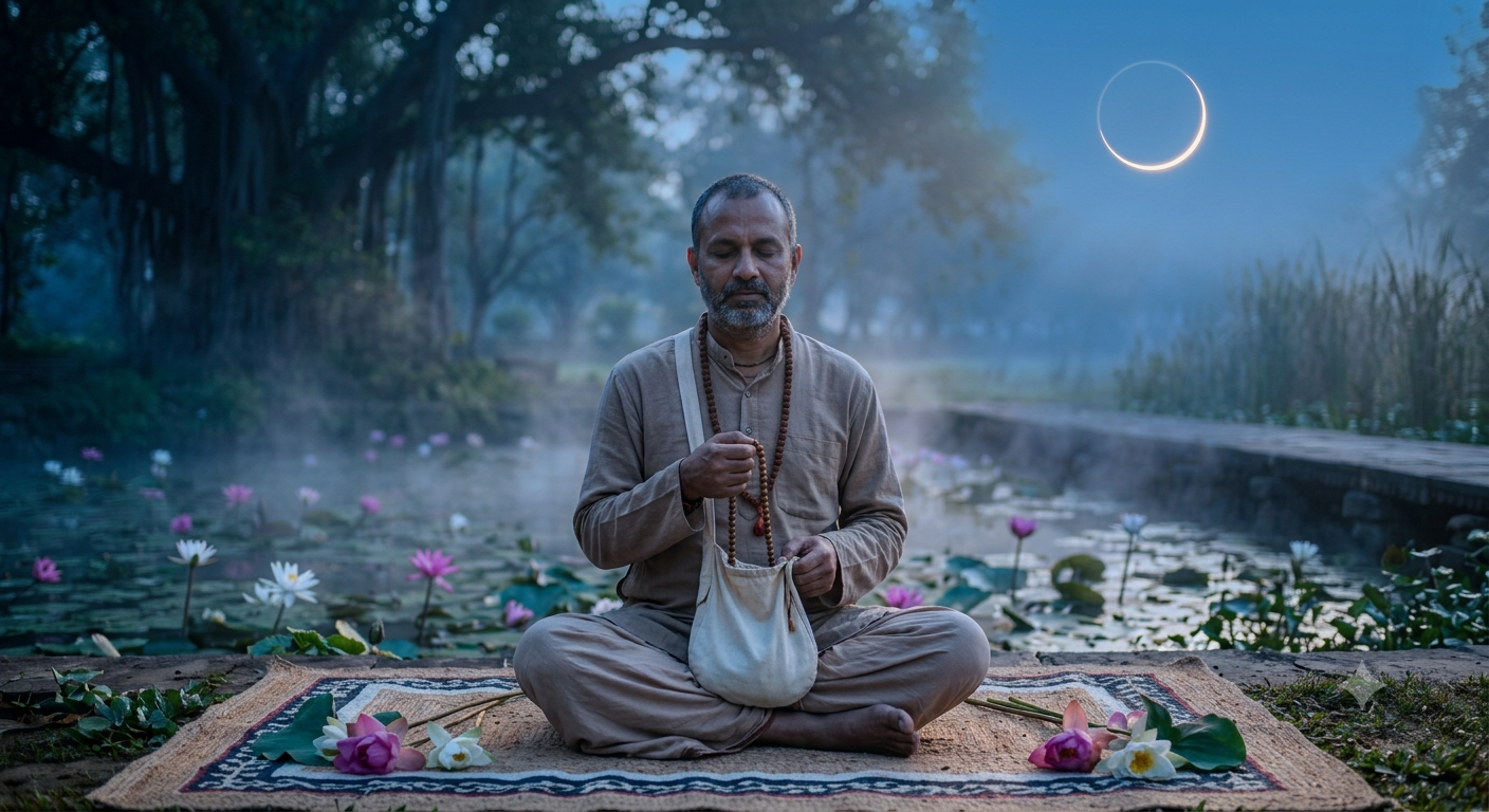पवित्र नाम ध्यान: पूर्ण मार्गदर्शिका A serene, full-shot photograph of a middle-aged South Asian man with a beard, seated in a cross-legged meditation pose (Sukhasana) on a woven rug on the ground. He is wearing simple, natural-fiber linen clothing (kurta and pajama) and holds a string of japa mala (prayer beads) inside a cream-colored cotton chanting bag (gomukhi). The setting is a mystical, misty park or ashram at dawn or dusk, with a shallow pond covered in blooming pink and white lotus flowers and lily pads immediately behind him. The atmosphere is quiet and cool-toned, with low-lying mist drifting over the water. In the dark blue-gray sky above, a glowing, thin annular solar eclipse is visible, providing a soft light source. In the background, a stone-paved walkway curves along the pond edge, and large banyan and other trees with hanging roots create a natural canopy. The scattered lotus flowers and green leaves rest on the rug at his feet.