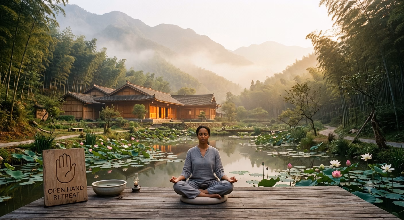 A serene, wide-angle photograph of a peaceful Buddhist retreat setting nestled in a tranquil, misty mountain valley during early morning. In the foreground, a diverse practitioner dressed in simple, comfortable clothing sits in a silent, relaxed meditation pose on a wooden deck overlooking a calm lotus pond. Nearby sits a modest wooden sign with an open-hand symbol representing hospitality and generosity. In the middle ground, a traditional, unadorned monastery or meditation hall with warm wooden architecture blends harmoniously into the surrounding bamboo forest and rolling hills. Soft golden sunlight breaks through the morning mist, illuminating the scene with a sense of pure simplicity, openness, and unburdened peace. Shot on a 35mm lens, warm natural tones, cinematic lighting, ultra-high resolution.