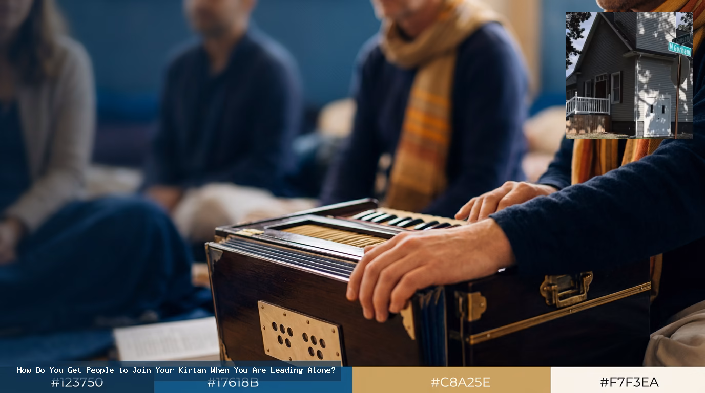 How Do You Get People to Join Your Kirtan When You Are Leading Alone? A small circle of people seated on the floor with a harmonium and hand cymbals, beginning a kirtan together