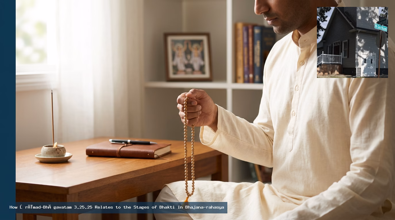 How Śrīmad-Bhāgavatam 3.25.25 Relates to the Stages of Bhakti in Bhajana-rahasya Devotees seated together listening to scripture, illustrating sādhu-saṅga as the beginning of devotion